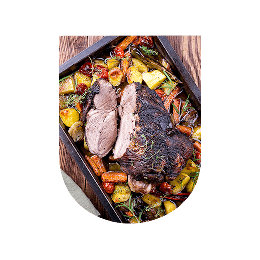 Leg of lamb, seasonal vegetables and red wine